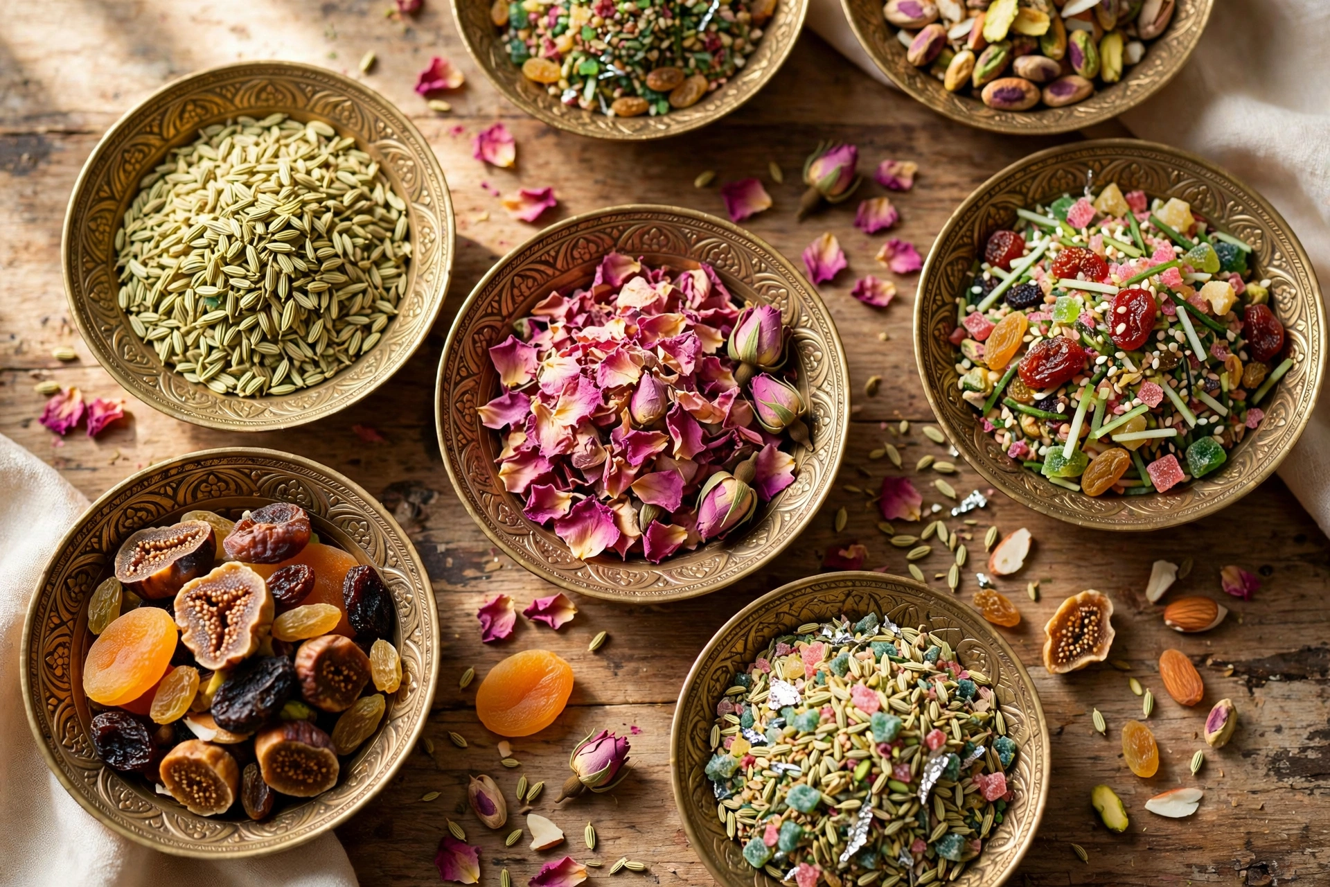 Colourful Rajasthani mukhwas in brass bowls
